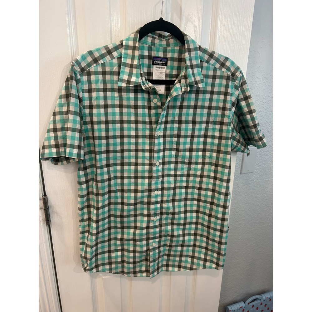 Patagonia Button Down Shirt Teal Gingham Plaid Organic Cotton‎ Short Sleeve M